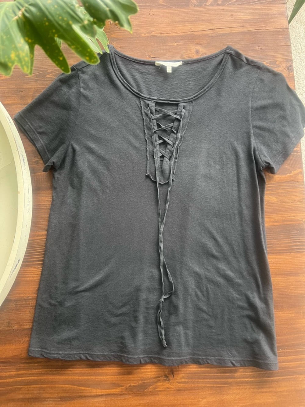 Lucky Brand Black Lace-Up Short Sleeve Tee